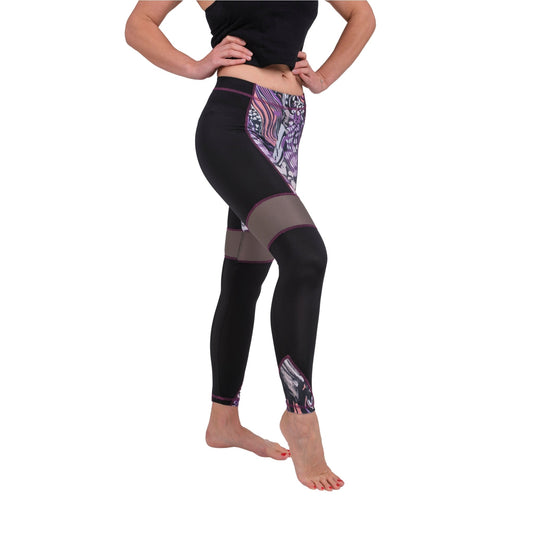 BoldMesh Sculpt Yoga Leggings – Black & Violet Pattern (Breathable Fit) - Velora