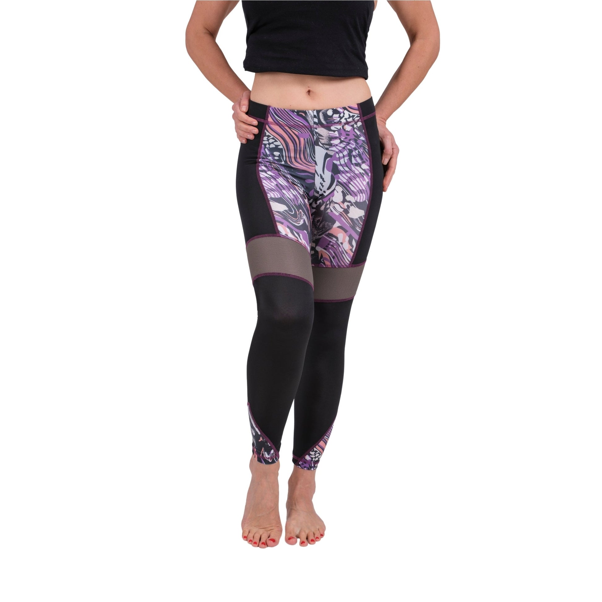 BoldMesh Sculpt Yoga Leggings – Black & Violet Pattern (Breathable Fit) - Velora