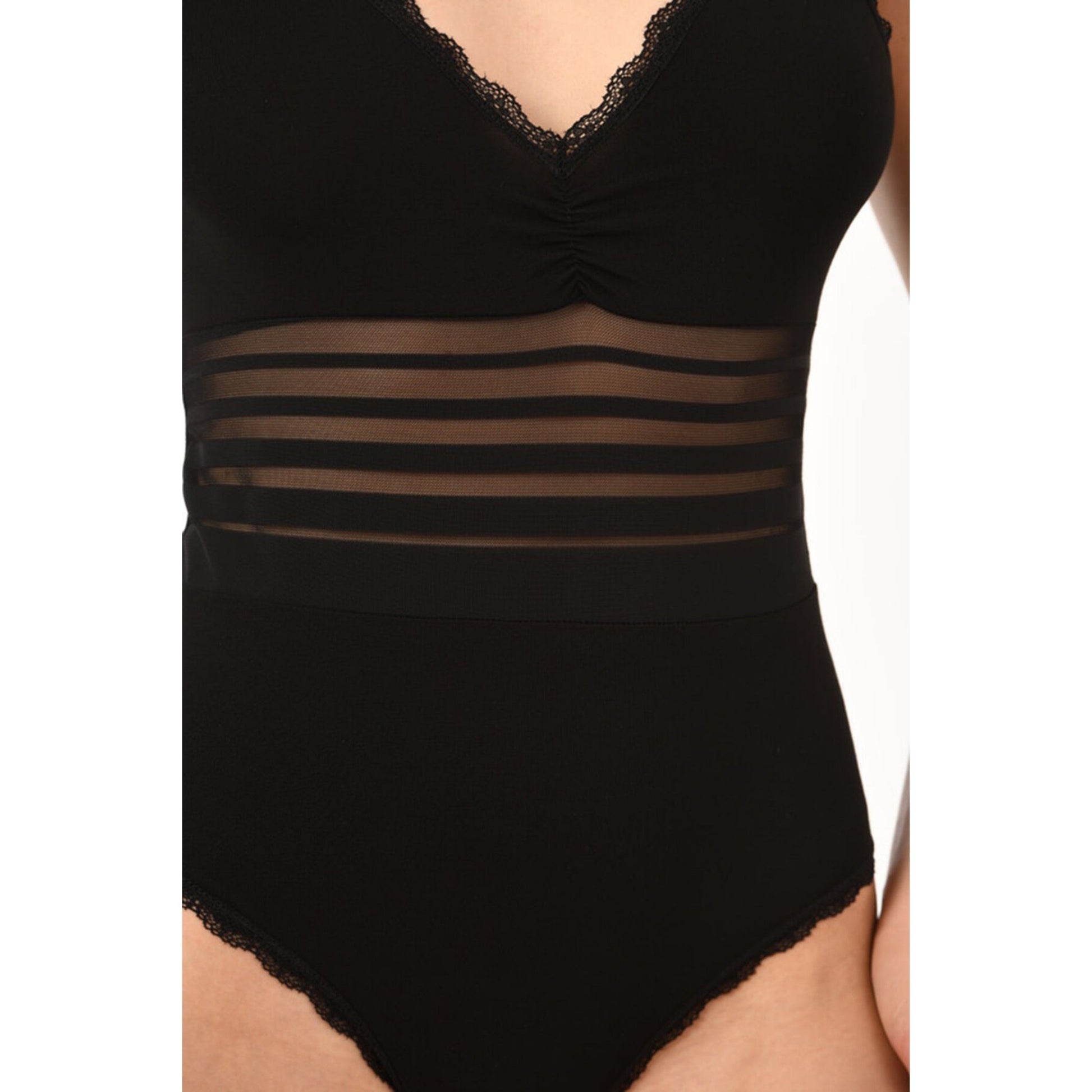 Women's Black Cotton Bodysuit with Sheer Stripe Waist & Lace Trim – Elegant & Comfortable - Velora