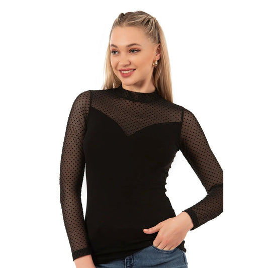 Women’s Long Sleeve Mesh Top – Black Sheer Polka Dot Turtleneck Shirt | Viscose Blend - Velora