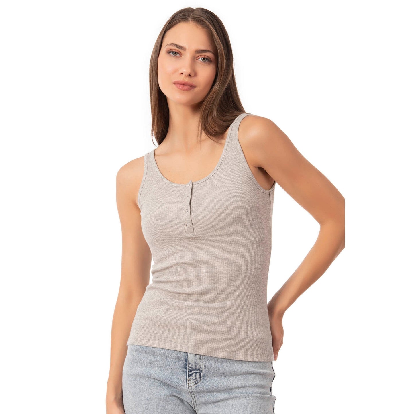 Women’s Ribbed Cotton Tank Top with Snap Buttons – Stretch Sleeveless Henley Shirt - Velora