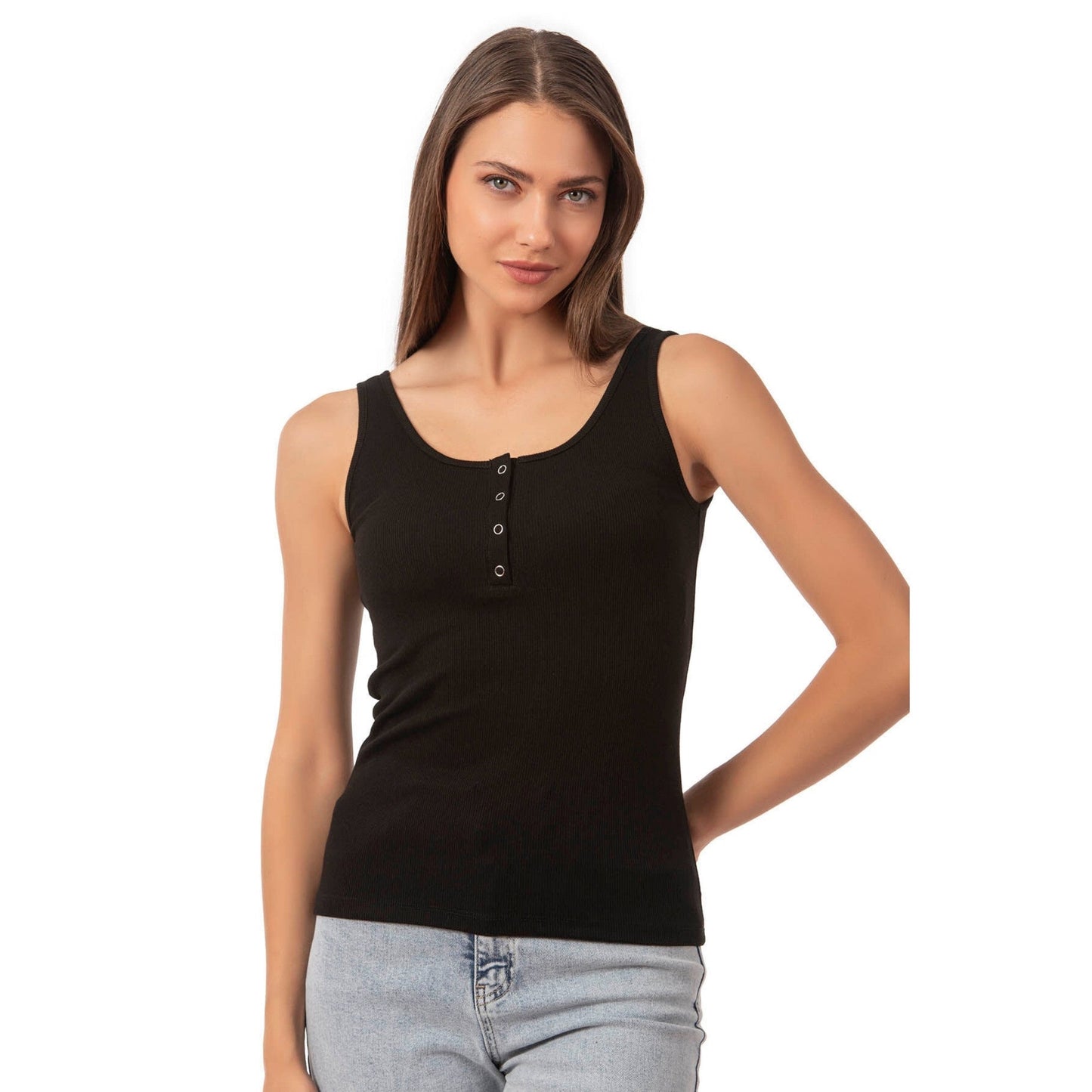 Women’s Ribbed Cotton Tank Top with Snap Buttons – Stretch Sleeveless Henley Shirt - Velora