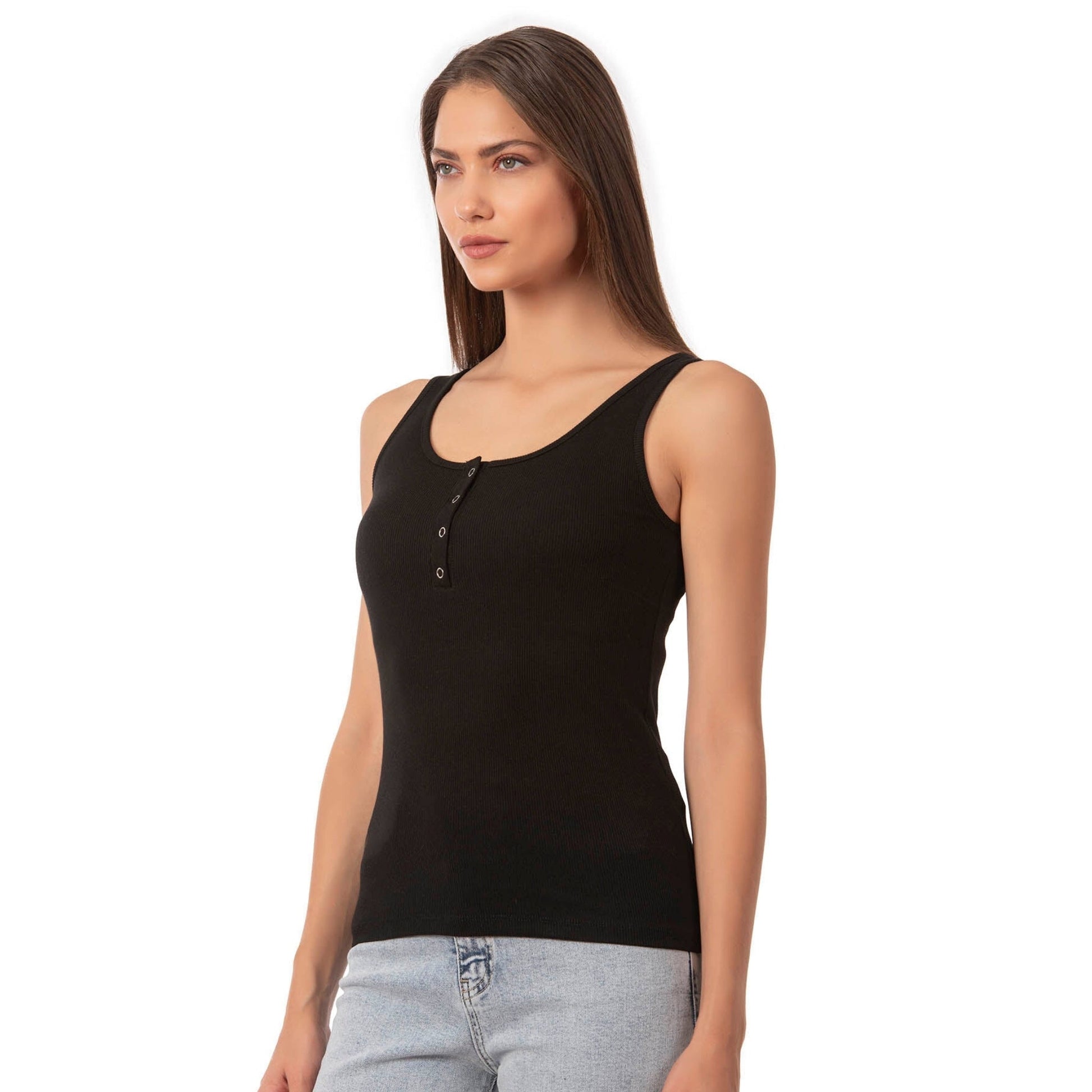 Women’s Ribbed Cotton Tank Top with Snap Buttons – Stretch Sleeveless Henley Shirt - Velora