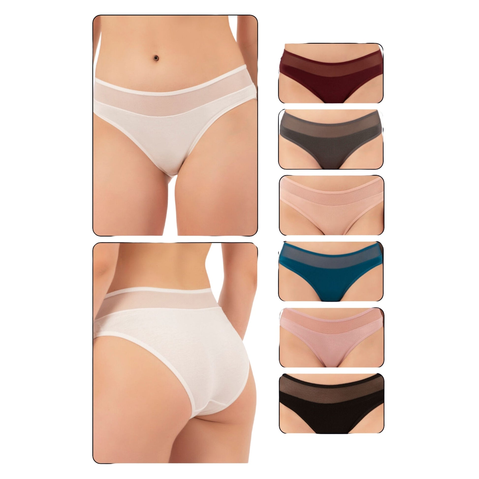 7-Pack Women’s Cotton Bikini Panties with Mesh Waist – Stretch Slip Brief Underwear Set - Velora