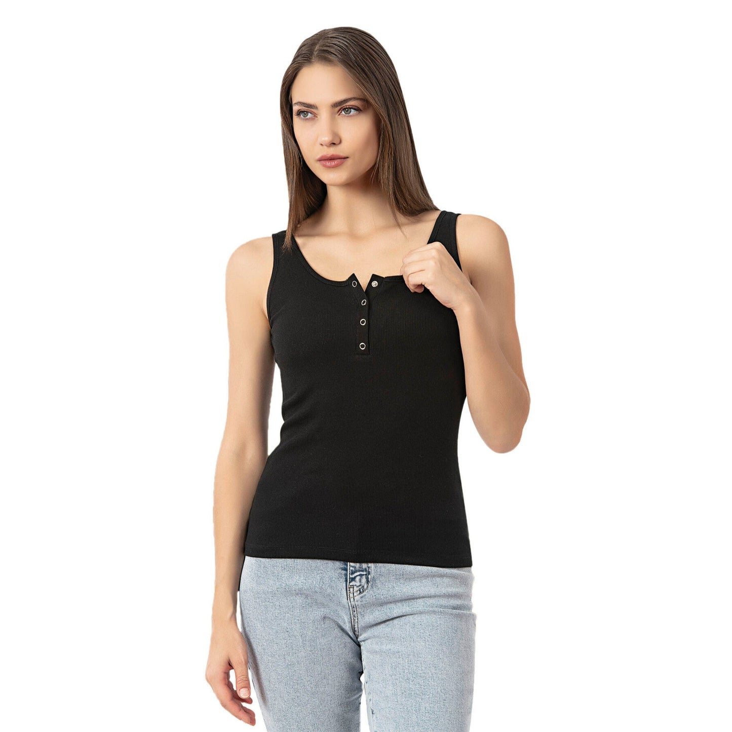 Women’s Ribbed Cotton Tank Top with Snap Buttons – Stretch Sleeveless Henley Shirt - Velora