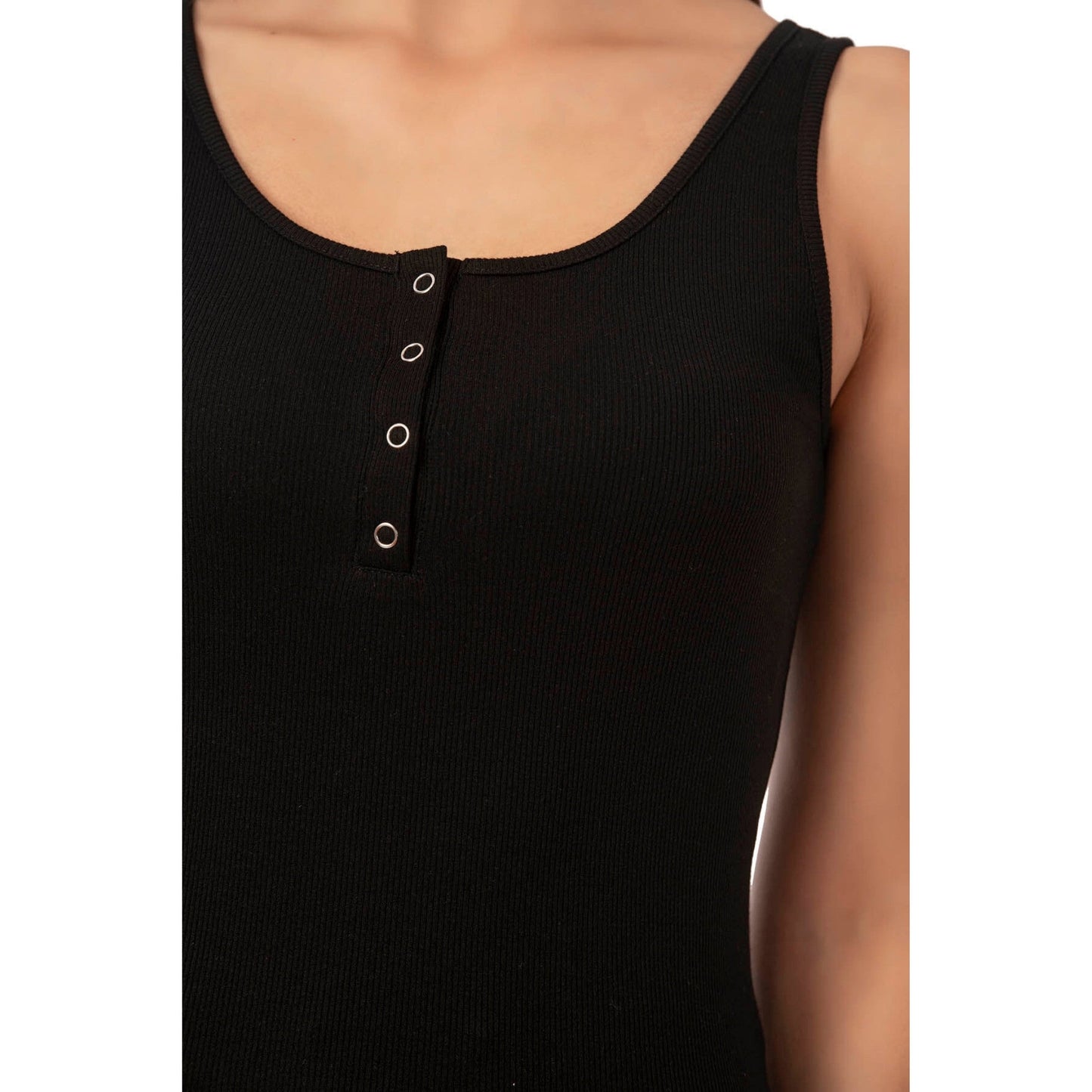 Women’s Ribbed Cotton Tank Top with Snap Buttons – Stretch Sleeveless Henley Shirt - Velora
