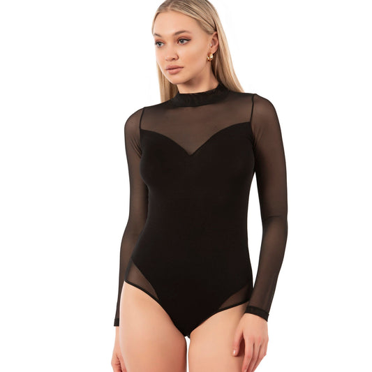 Women's Long Sleeve Black Mesh Bodysuit – Elegant Sheer Panel Viscose Stretch Leotard - Velora