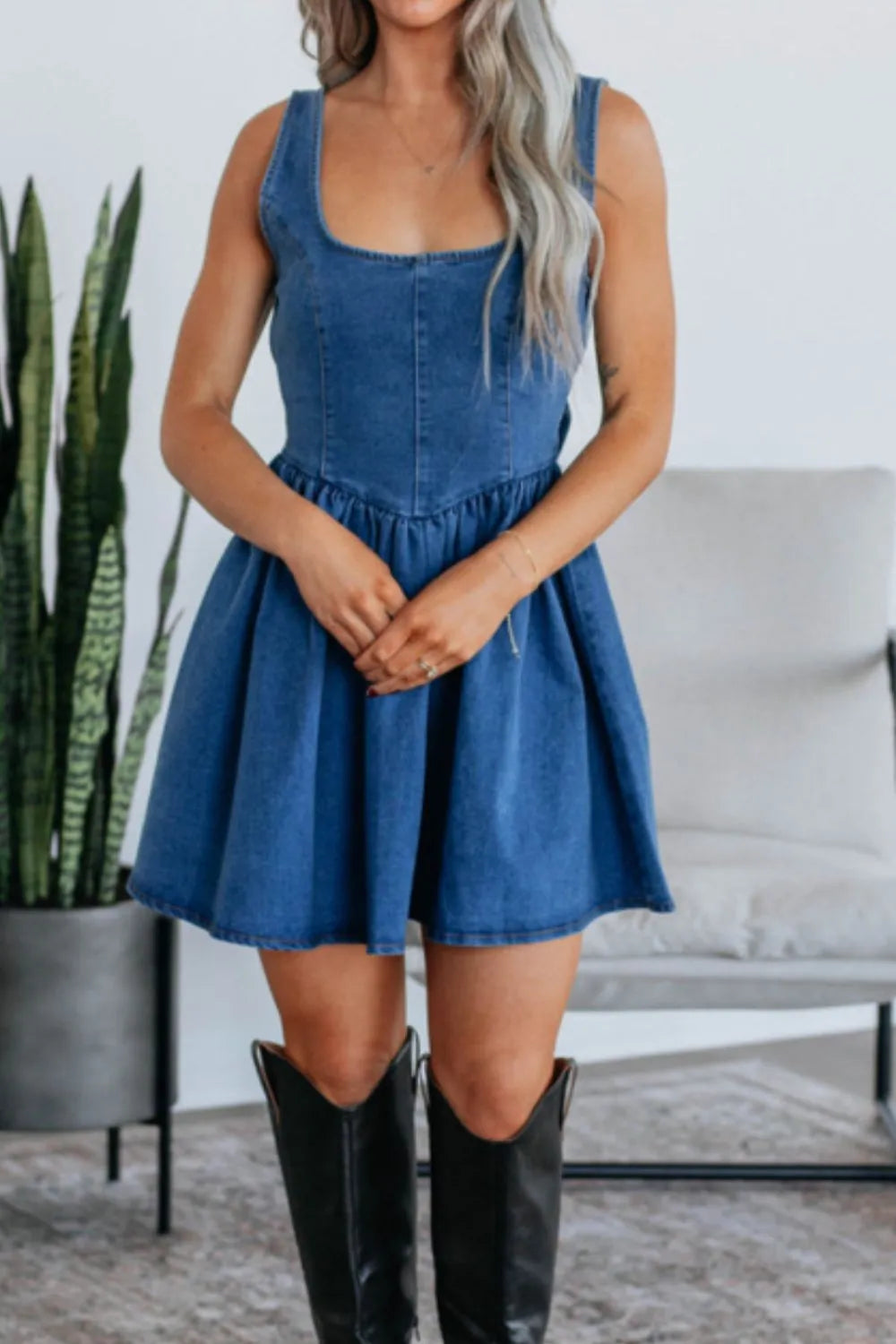 V-Back Bow Tie Denim Skater Dress - Velora Luxury Fashion