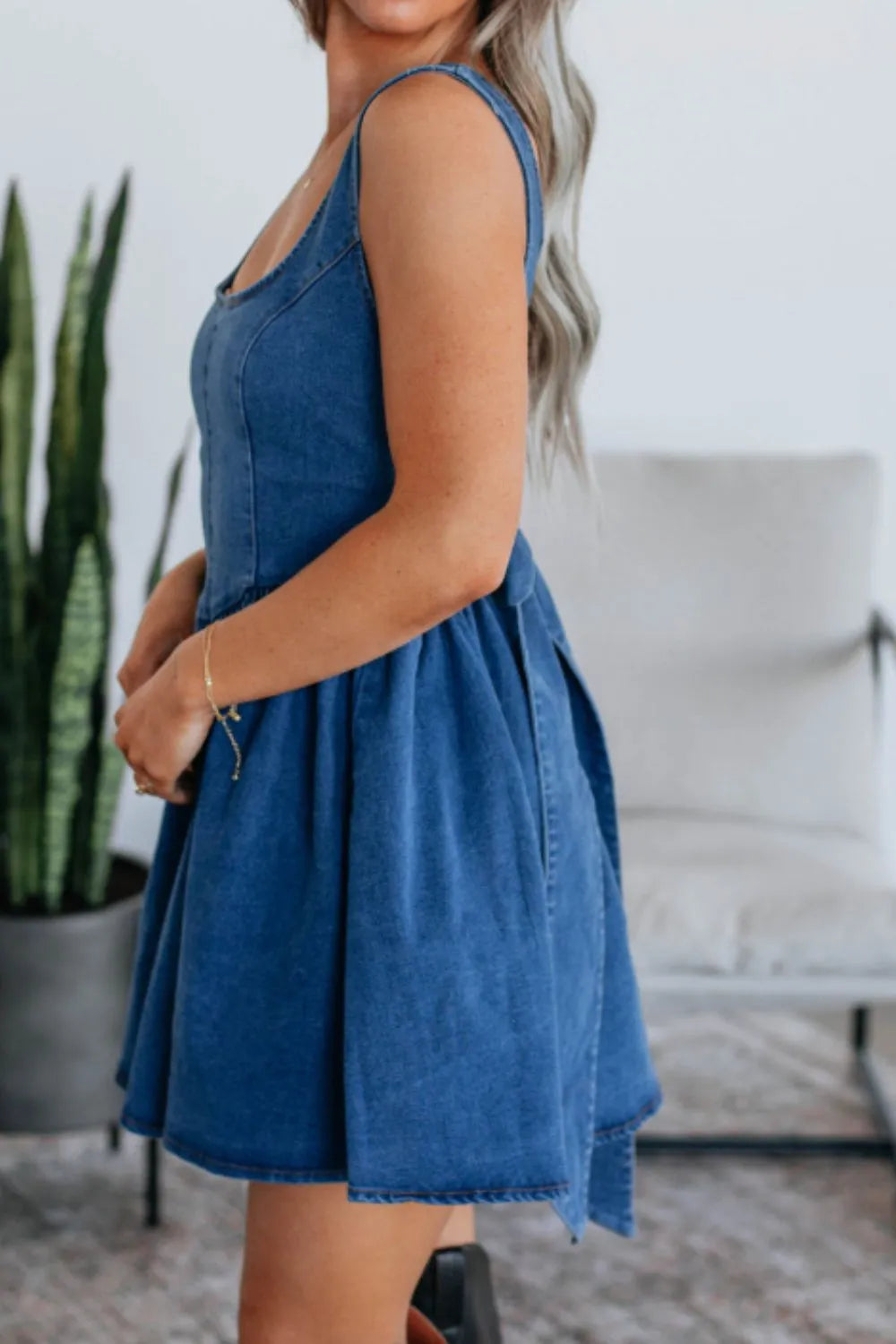 V-Back Bow Tie Denim Skater Dress - Velora Luxury Fashion
