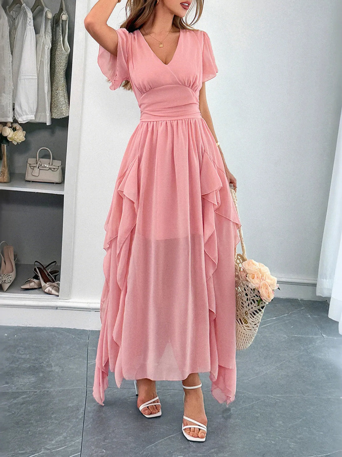 V-Neck Flutter Sleeve Dress - Velora Luxury Fashion