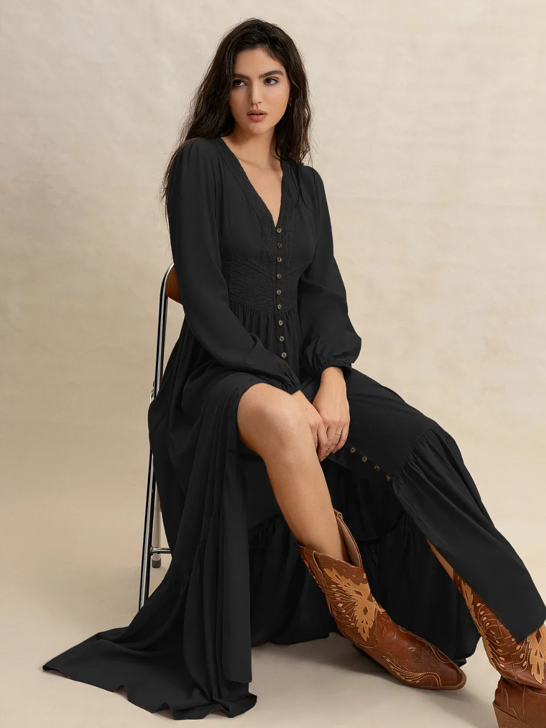 V-Neck Long Sleeve Dress - Velora