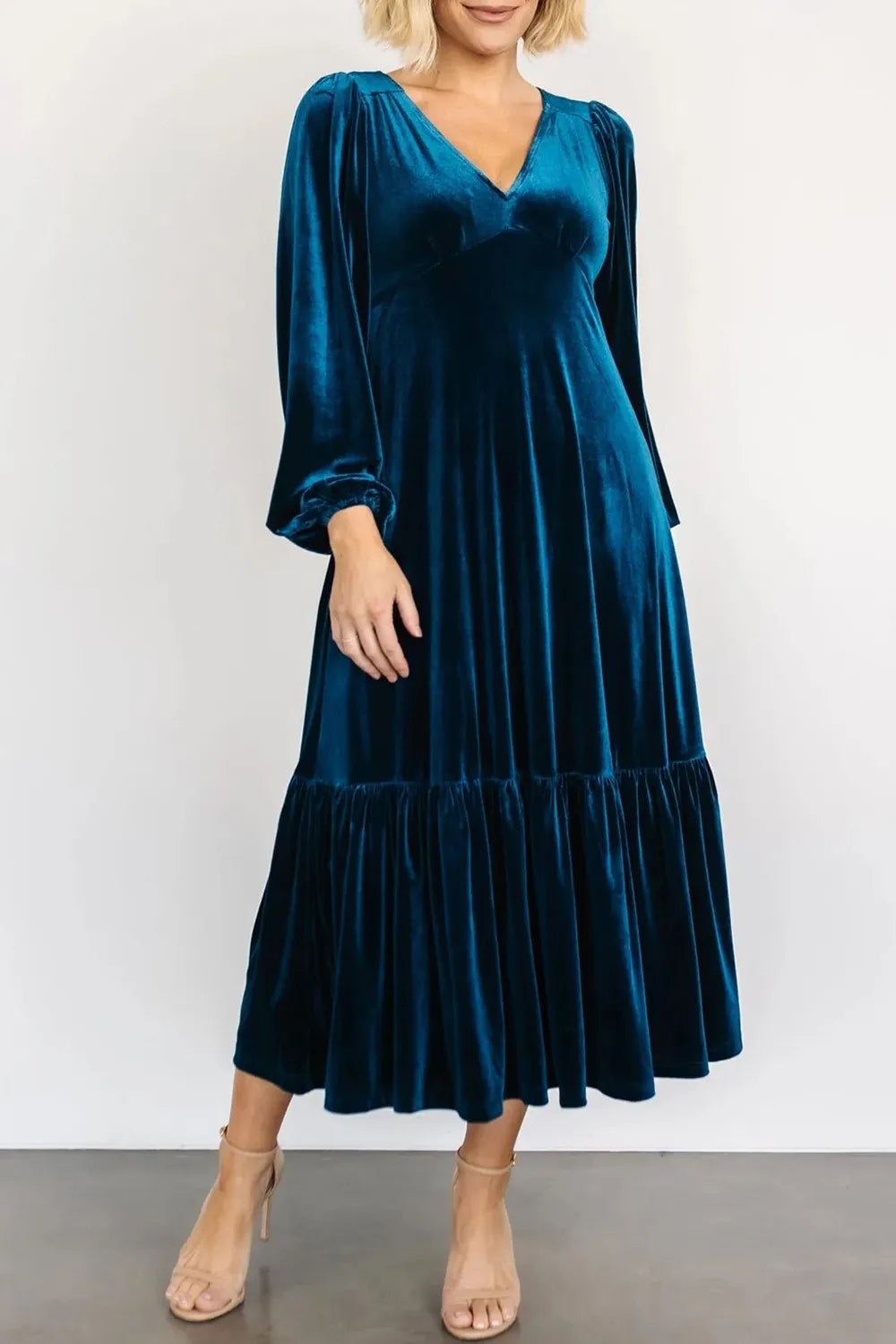 V-Neck Long Sleeve Midi Velvet Dress - Velora Luxury Fashion