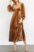 V-Neck Long Sleeve Midi Velvet Dress - Velora Luxury Fashion