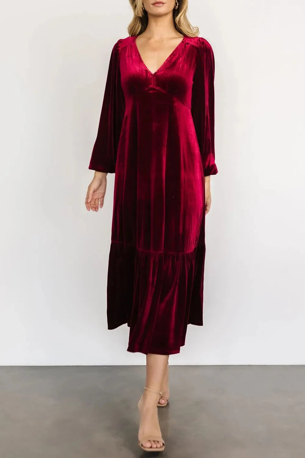 V-Neck Long Sleeve Midi Velvet Dress - Velora Luxury Fashion