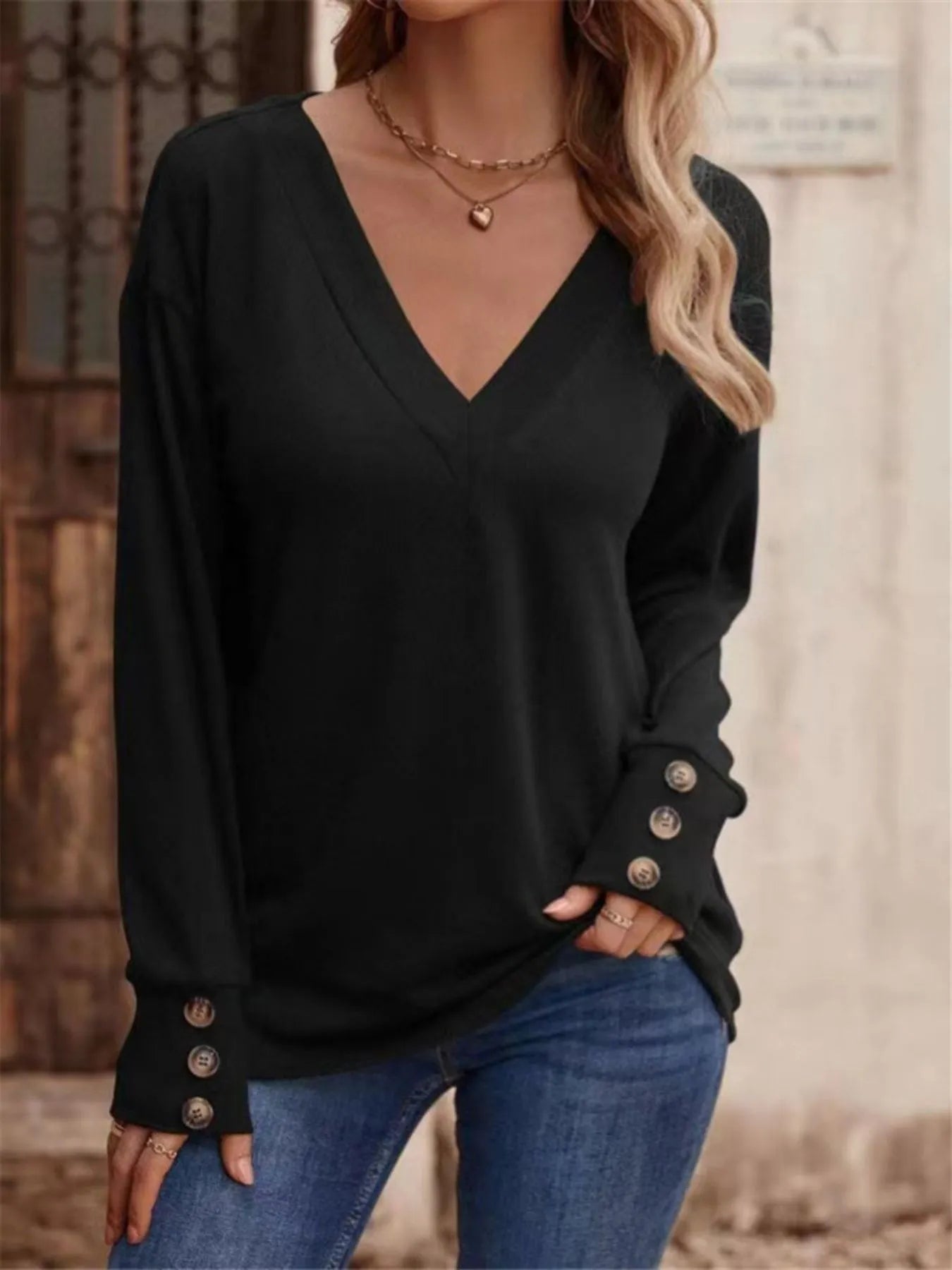 V-Neck Long Sleeve T-Shirt - Velora Luxury Fashion