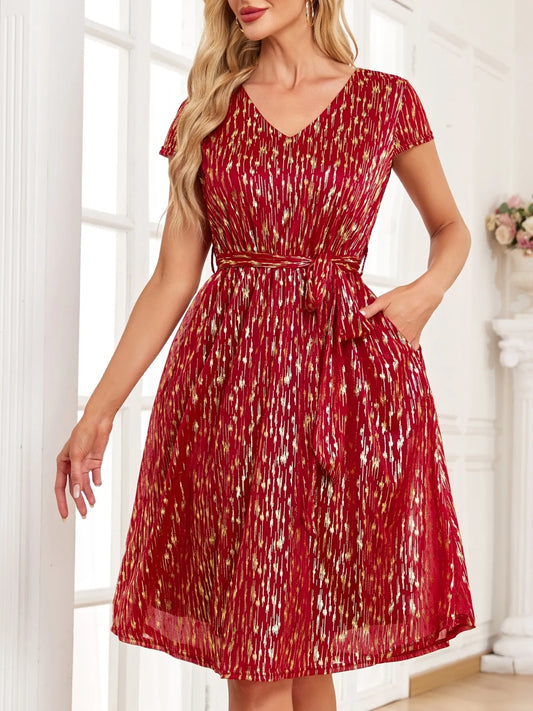 V-Neck Metallic Print Dress - Velora Luxury Fashion