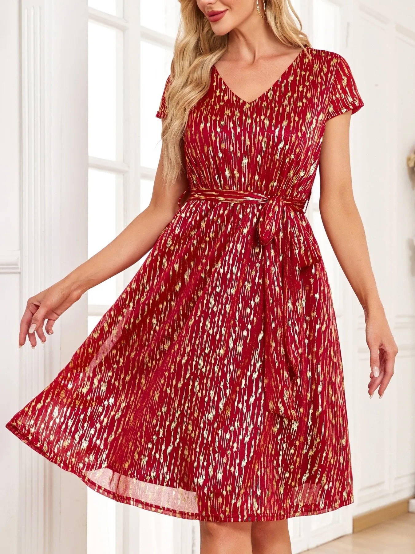 V-Neck Metallic Print Dress - Velora Luxury Fashion