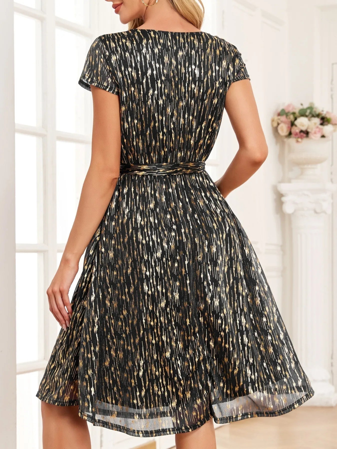 V-Neck Metallic Print Dress - Velora Luxury Fashion