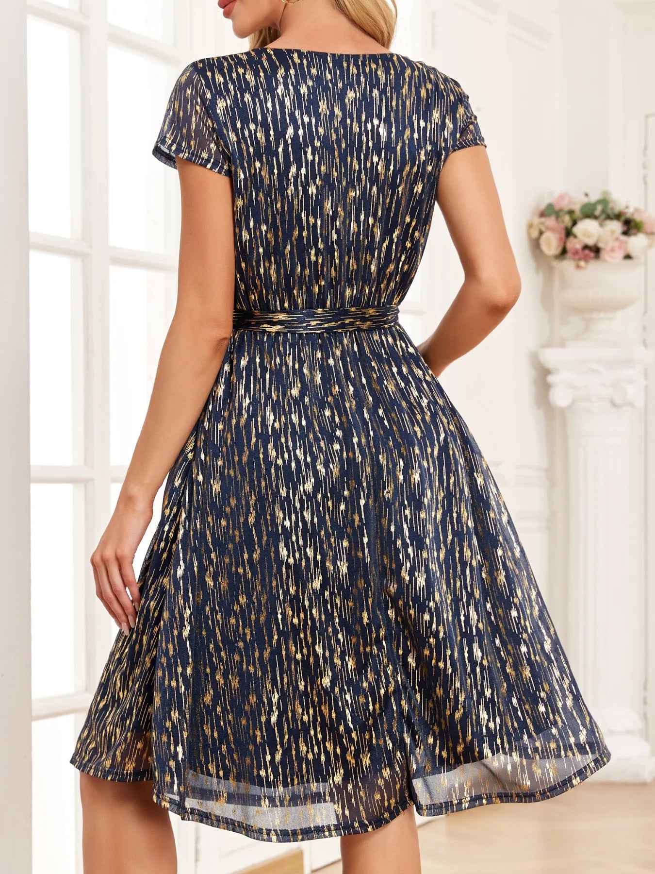 V-Neck Metallic Print Dress - Velora Luxury Fashion