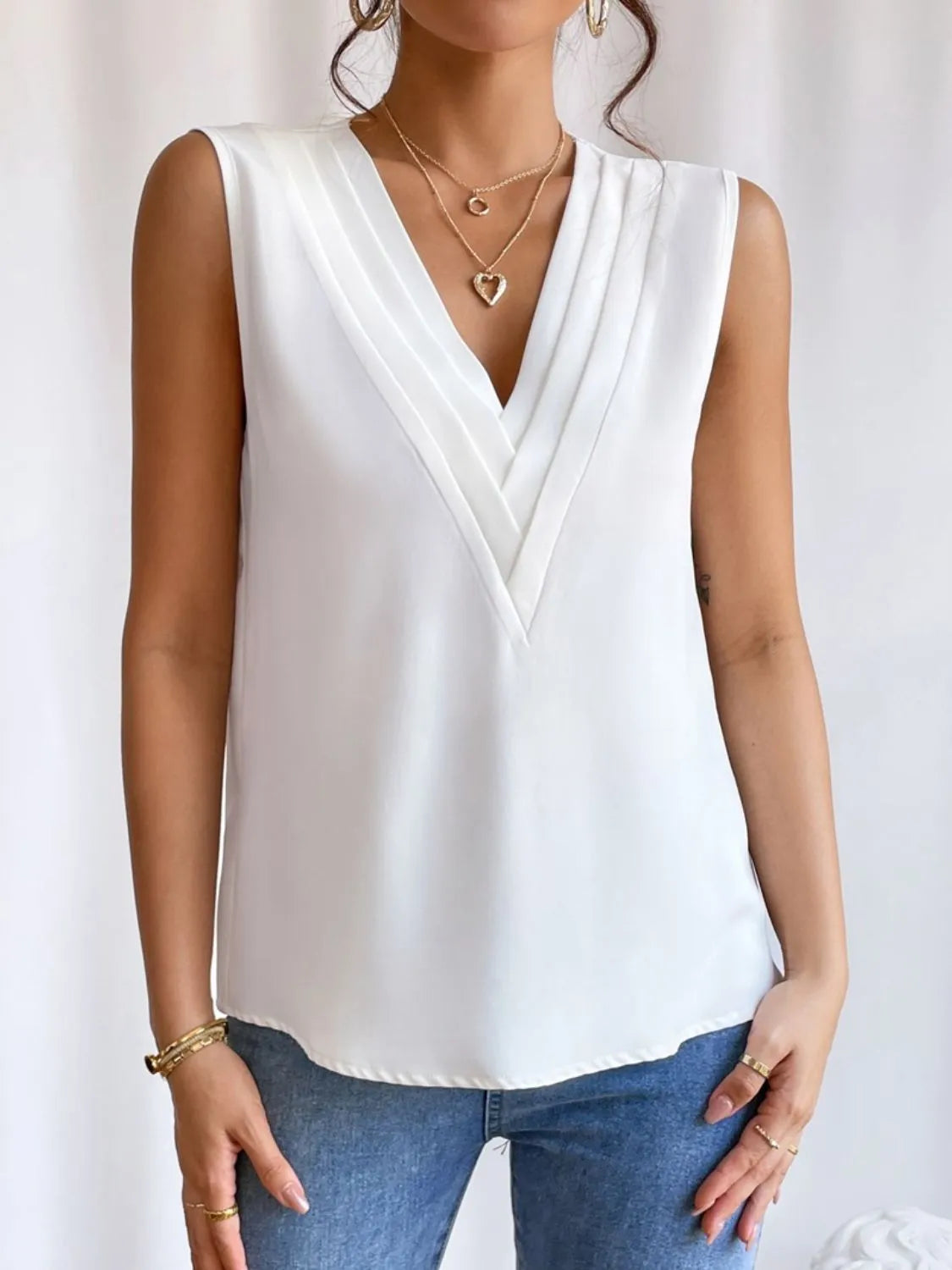 V-Neck Pleated Sleeveless Cami Tank Top - Velora Luxury Fashion