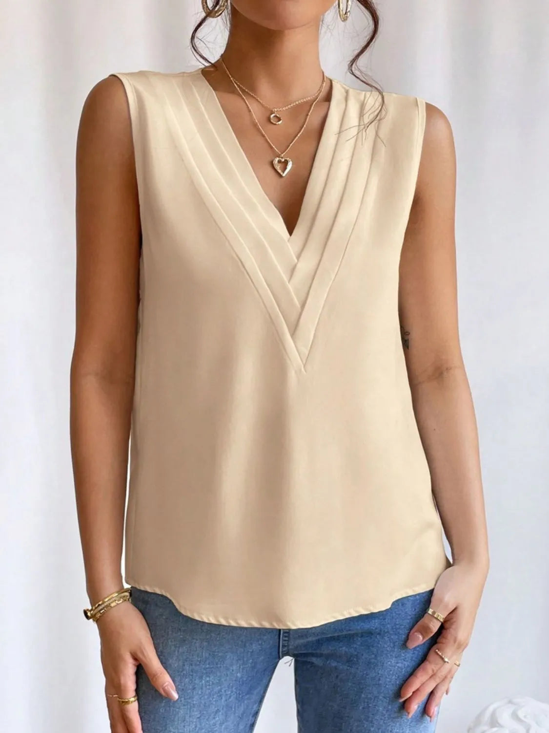 V-Neck Pleated Sleeveless Cami Tank Top - Velora Luxury Fashion