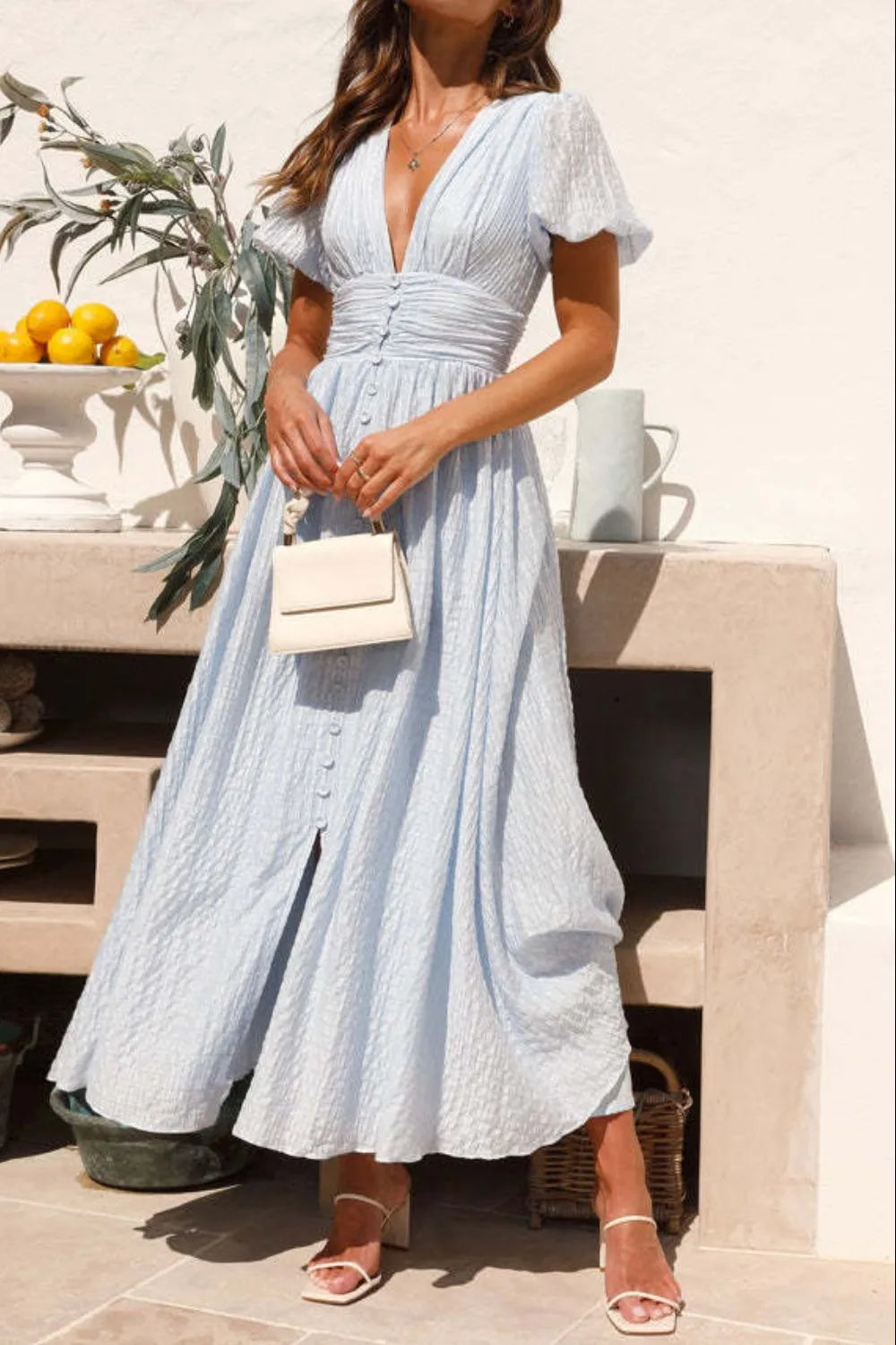 V-Neck Puff Short Sleeve Midi Dress - Velora Luxury Fashion