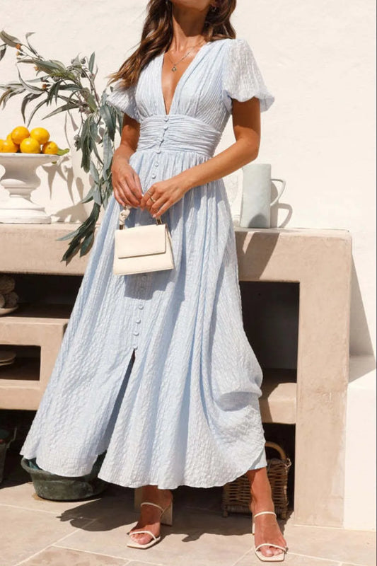 V-Neck Puff Short Sleeve Midi Dress - Velora Luxury Fashion