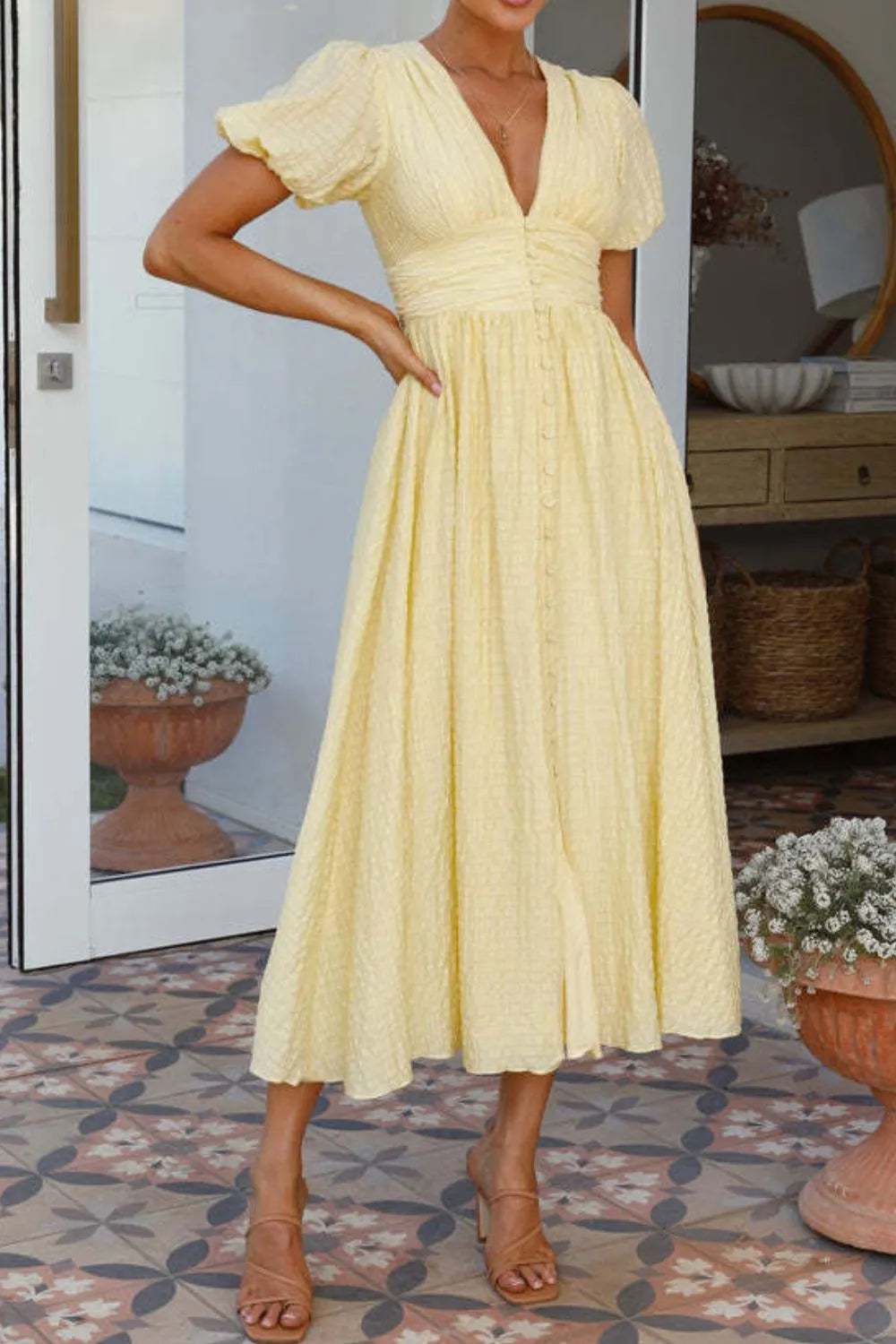 V-Neck Puff Short Sleeve Midi Dress - Velora Luxury Fashion