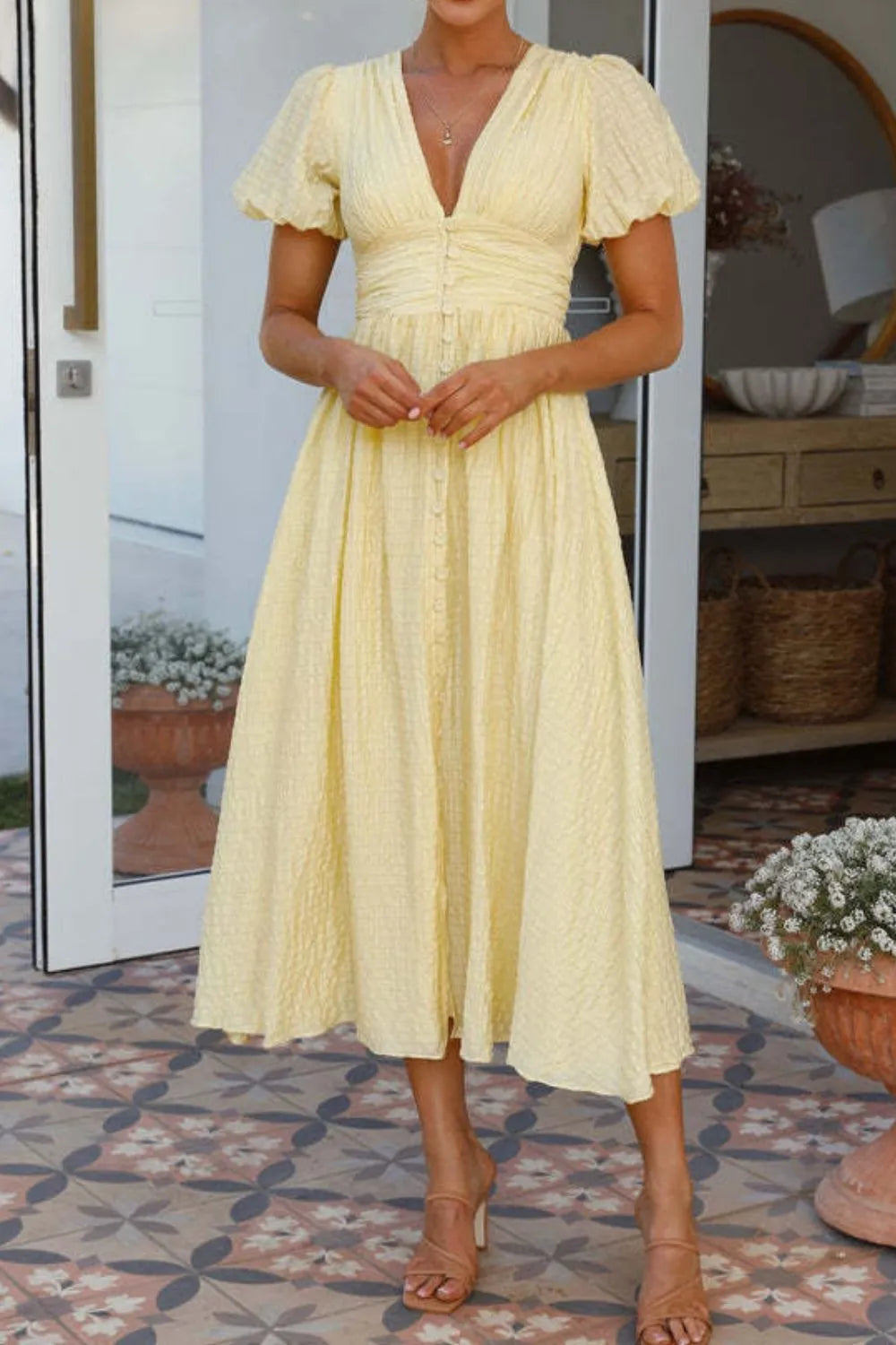 V-Neck Puff Short Sleeve Midi Dress - Velora Luxury Fashion