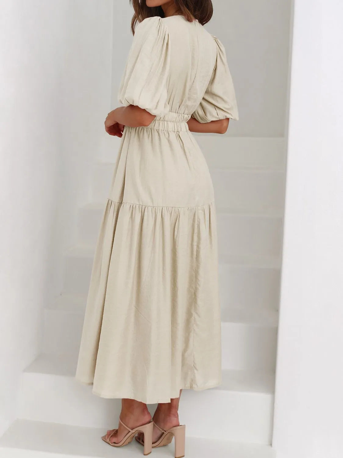V-Neck Puff Sleeve Midi Dress - Velora Luxury Fashion