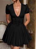 V-Neck Short Sleeve Mini Dress - Velora Luxury Fashion