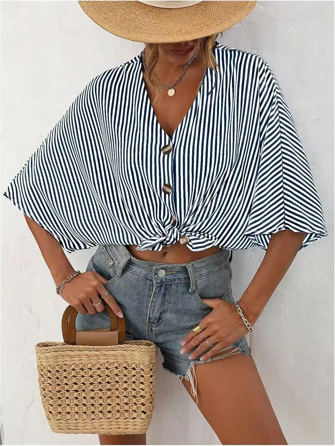 V-Neck Striped Batwing Sleeve Casual Blouse - Velora Luxury Fashion