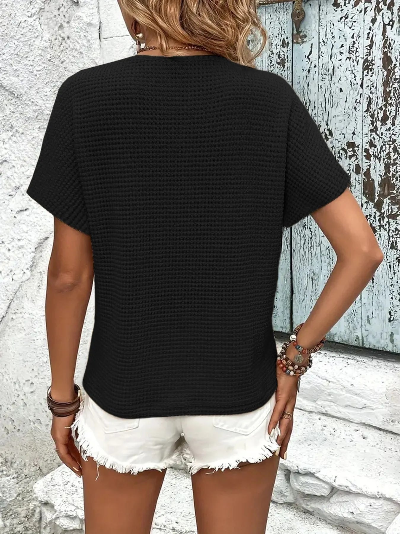 V-Neck Textured Knit T-Shirt - Velora Luxury Fashion