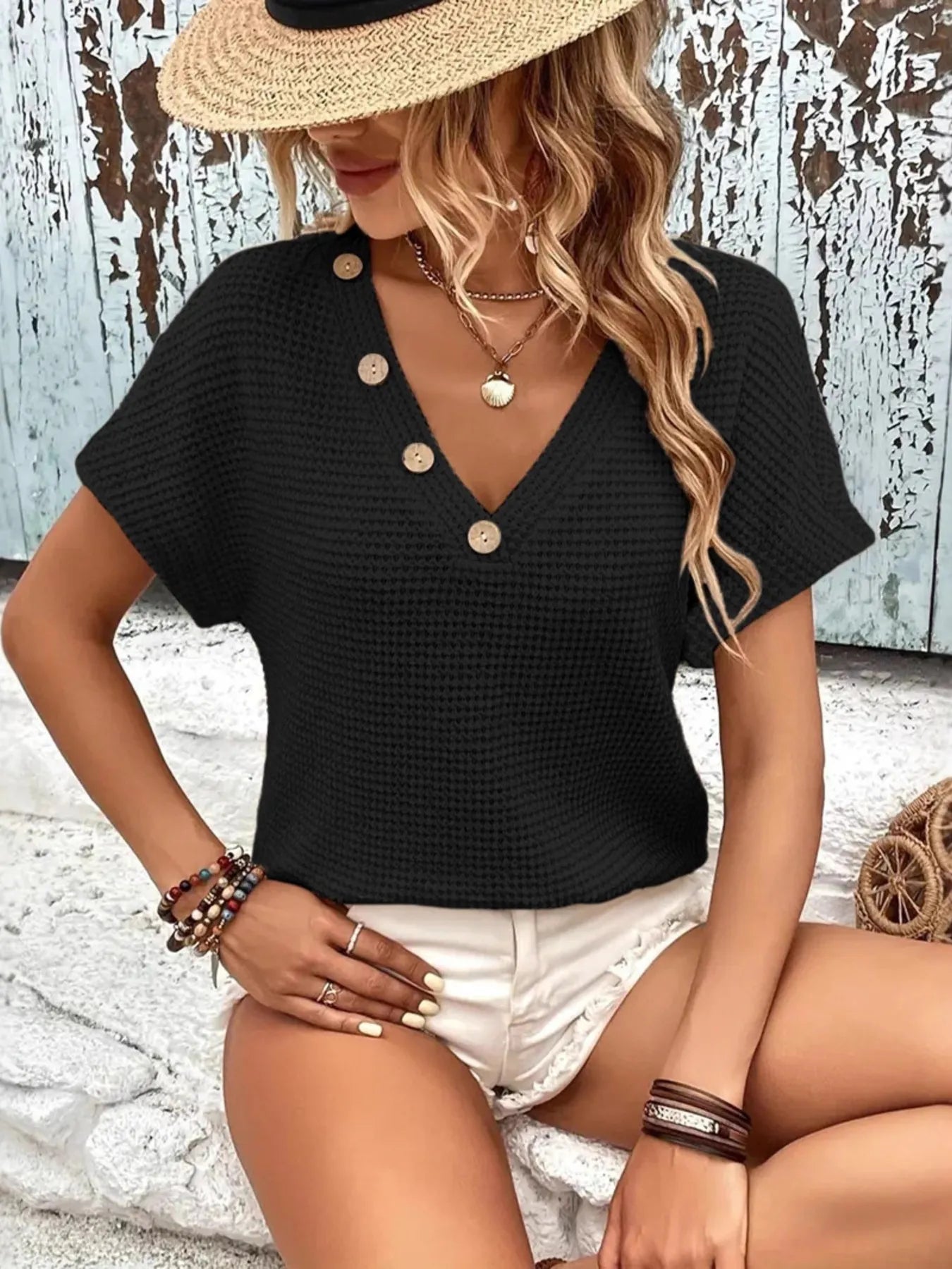 V-Neck Textured Knit T-Shirt - Velora Luxury Fashion