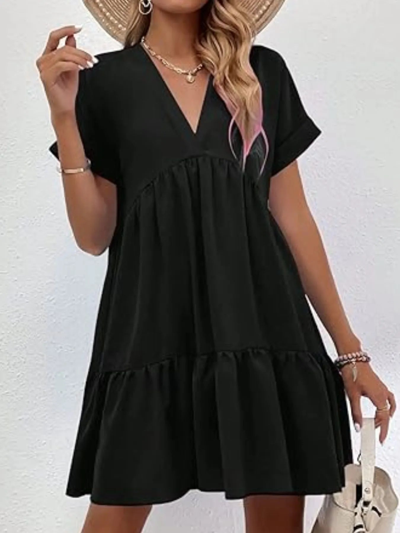 V-Neck Tiered Ruffle Mini Dress - Velora Luxury Fashion