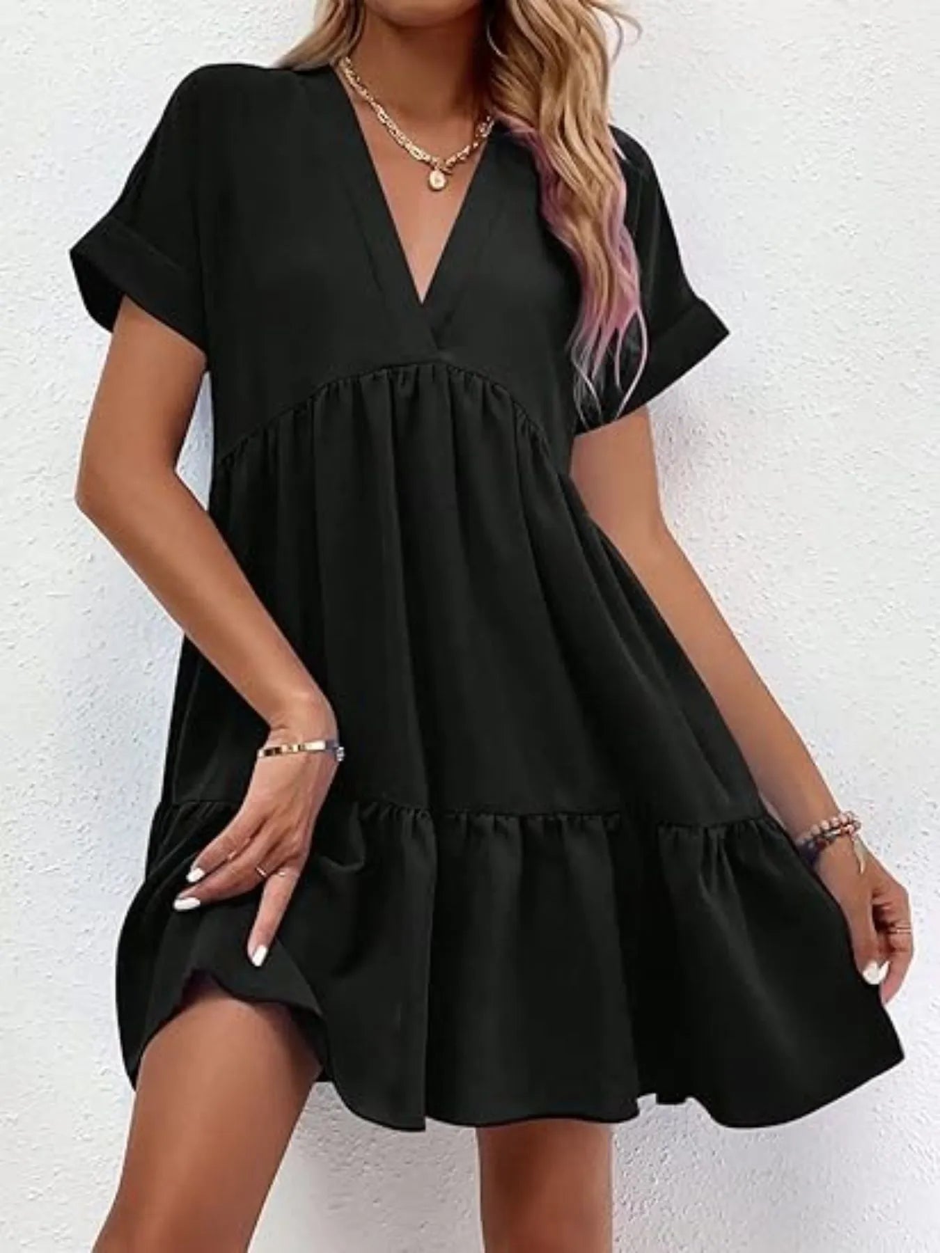 V-Neck Tiered Ruffle Mini Dress - Velora Luxury Fashion