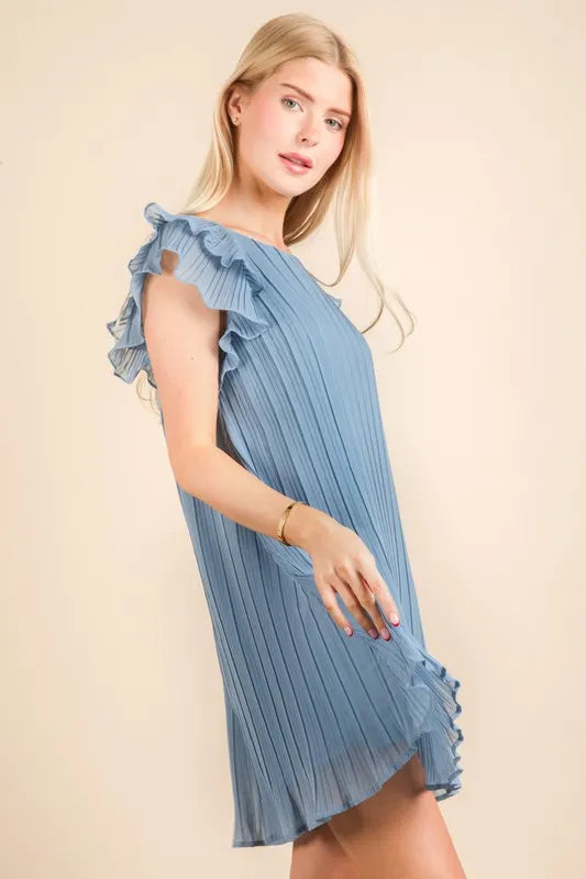 VERY J Plus Size Ruffle Sleeve Pleated Woven Mini Dress - Velora Luxury Fashion