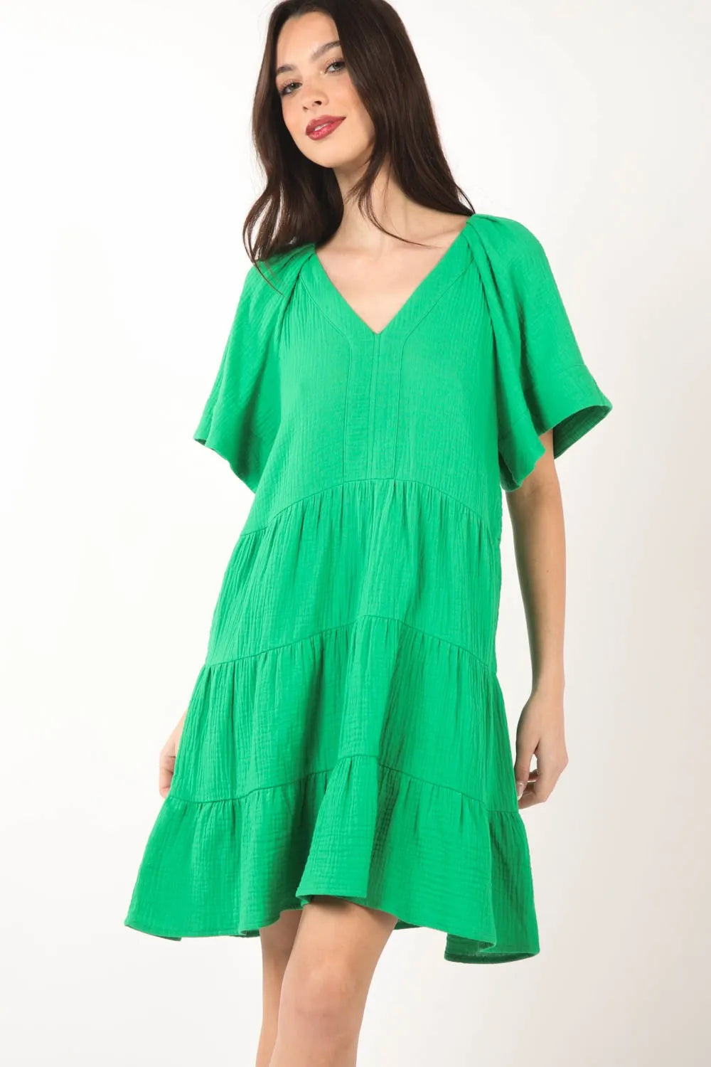VERY J Texture V-Neck Ruffled Tiered Dress - Velora Luxury Fashion
