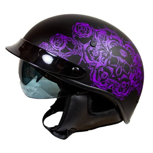 VOSS 707FRP Black Skull and Rose Half Helmet with Peak Boutique of Leathers/Open Road