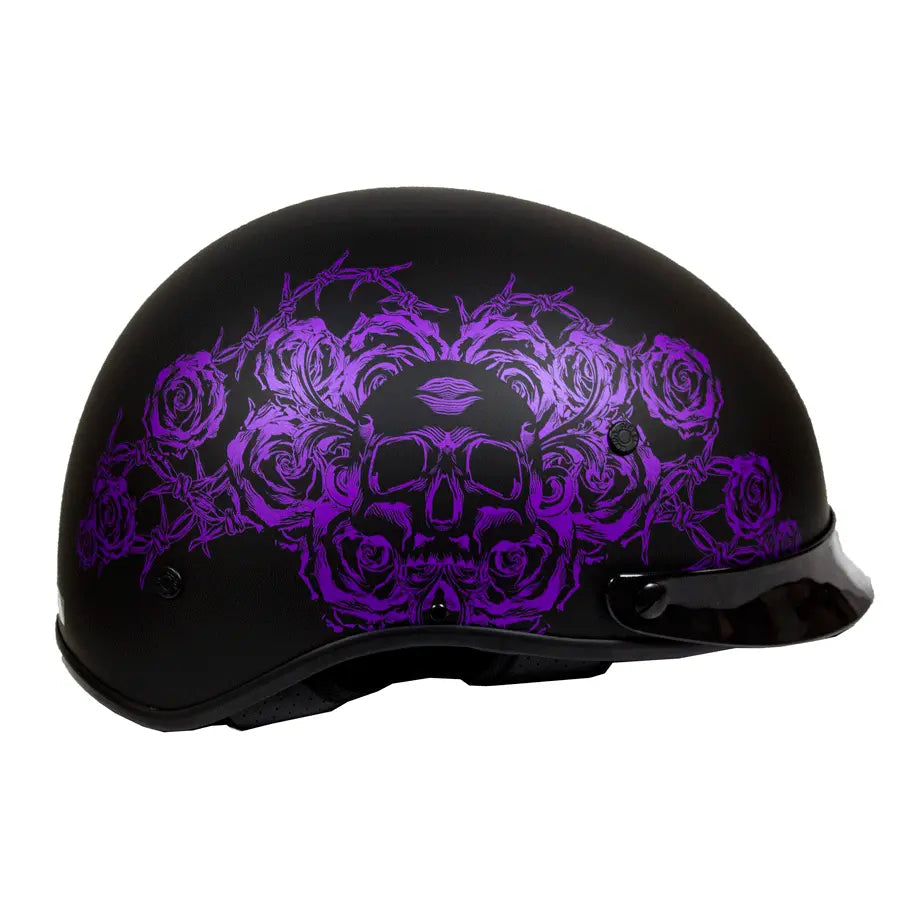 VOSS 707FRP Black Skull and Rose Half Helmet with Peak - Velora Luxury Fashion