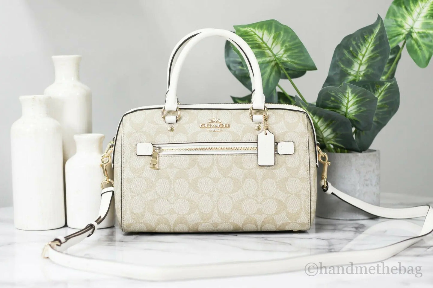 Coach (F83607) Rowan Signature Leather Light Khaki Chalk Medium Satchel Handbag Purse