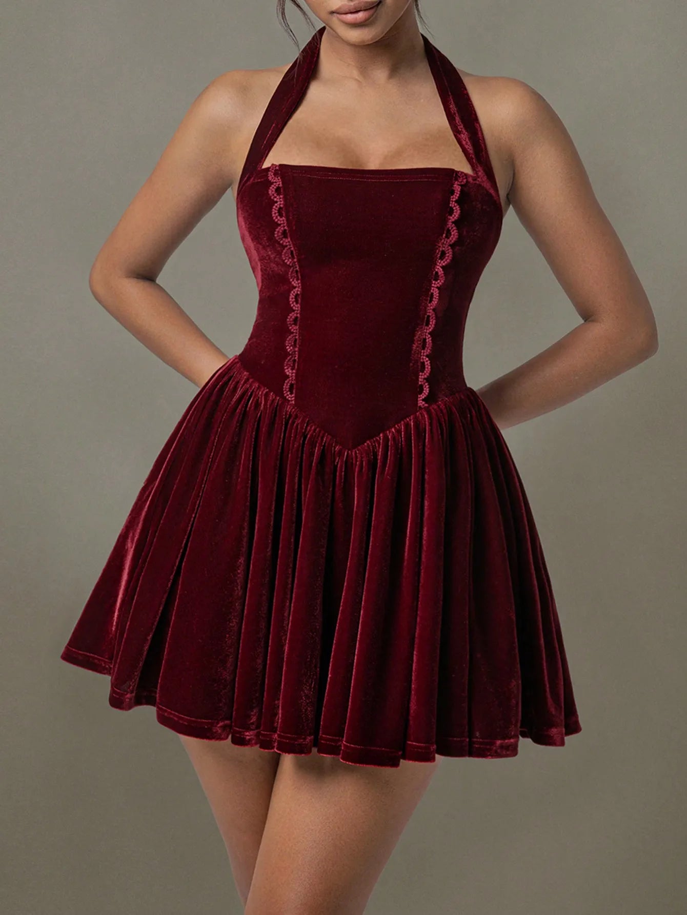 Velvet Halter Skater Dress - Velora