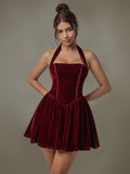 Velvet Halter Skater Dress - Velora Luxury Fashion