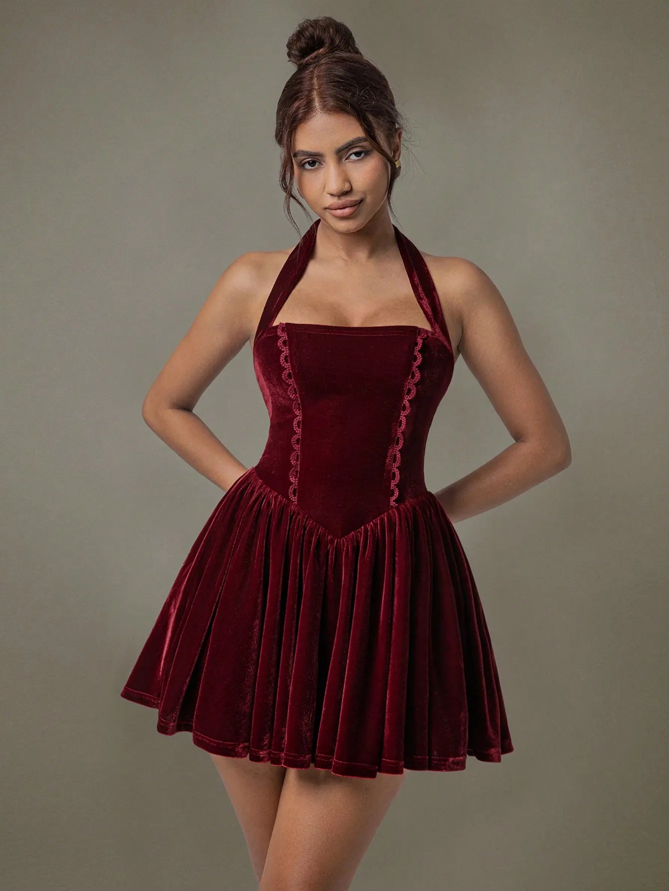 Velvet Halter Skater Dress - Velora