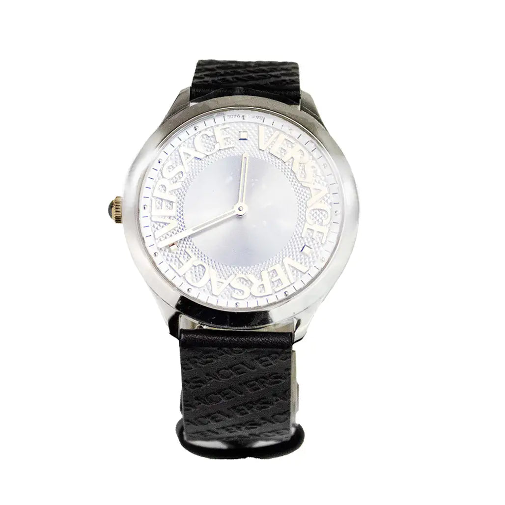 Versace 38mm Silver Logo Halo Dial Embossed Leather Watch - Velora Luxury Fashion