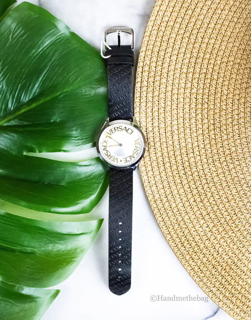 Versace 38mm Silver Logo Halo Dial Embossed Leather Watch - Velora Luxury Fashion