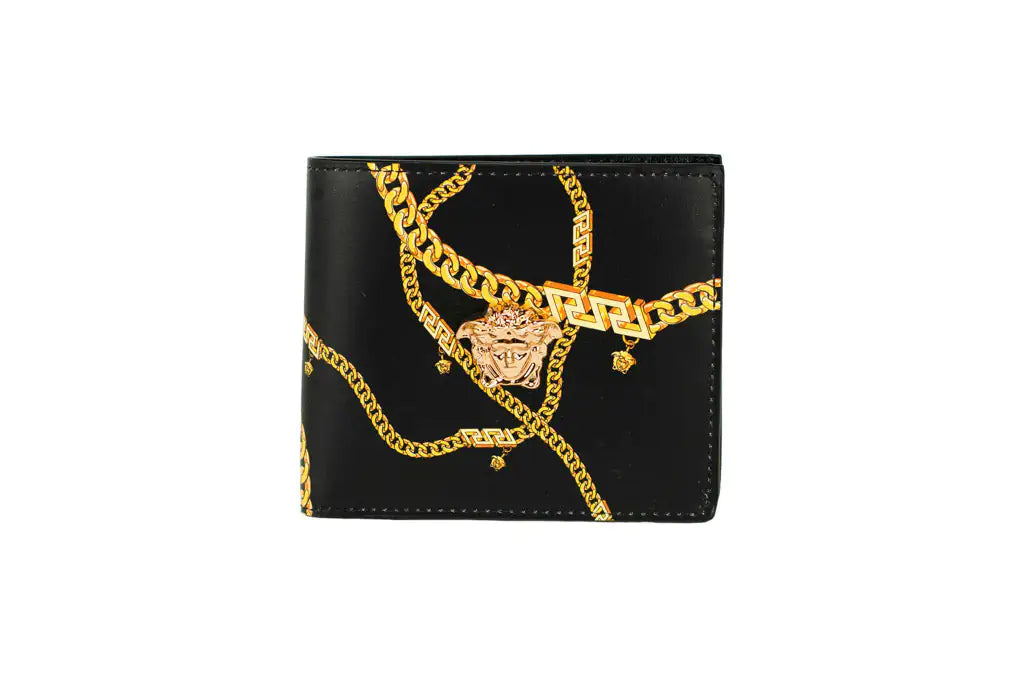 Versace Black Leather Gold Medusa Chain Logo Bifold Wallet - Velora Luxury Fashion