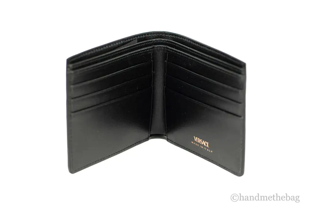 Versace Black Leather Gold Medusa Chain Logo Bifold Wallet - Velora Luxury Fashion