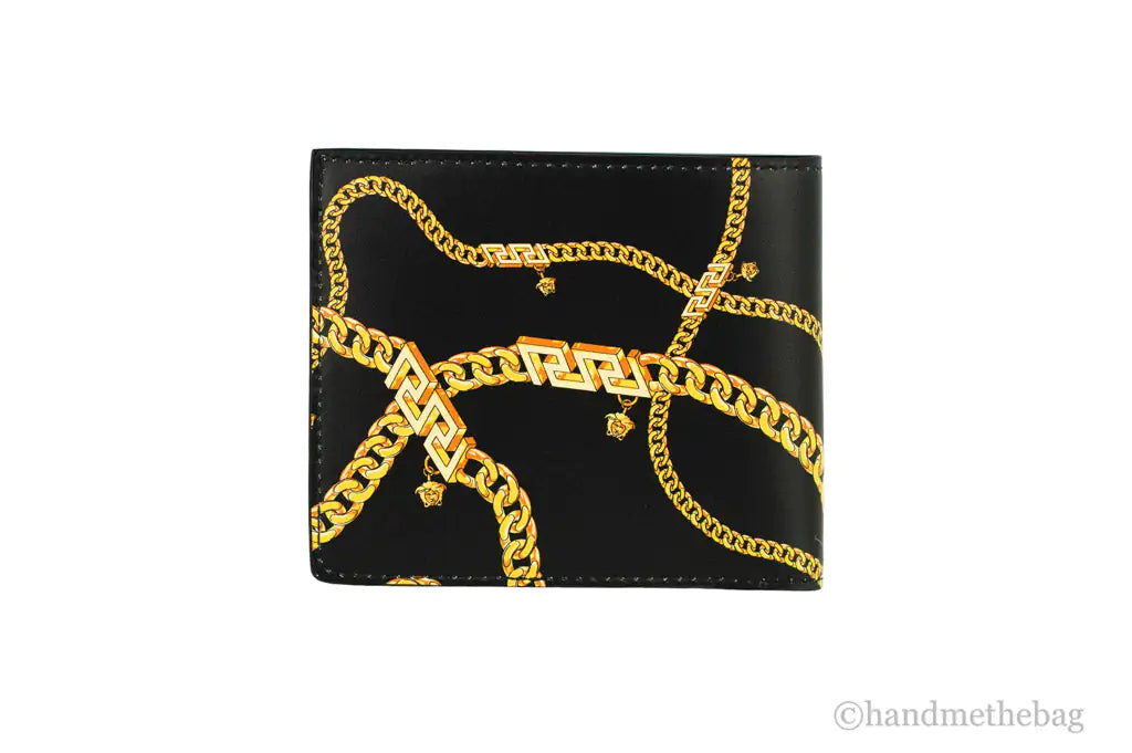 Versace Black Leather Gold Medusa Chain Logo Bifold Wallet - Velora Luxury Fashion