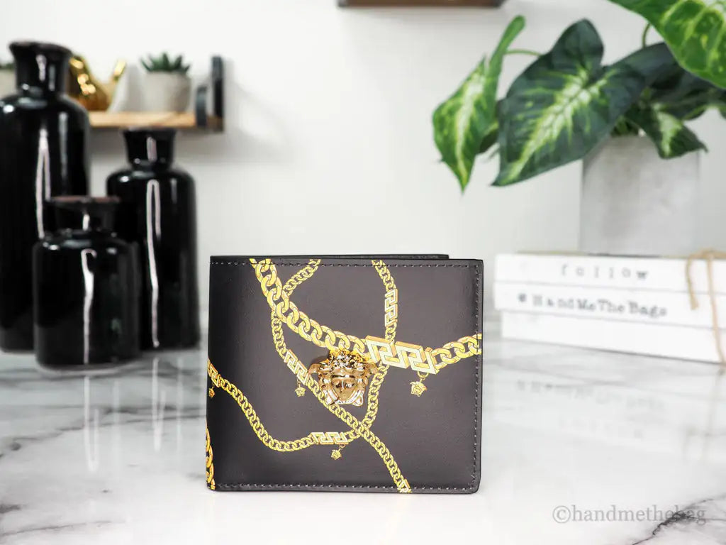 Versace Black Leather Gold Medusa Chain Logo Bifold Wallet - Velora Luxury Fashion